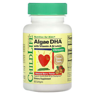 ChildLife Essentials, DHA de algas con vitamina A y luteína, Baya natural, 60 cápsulas blandas