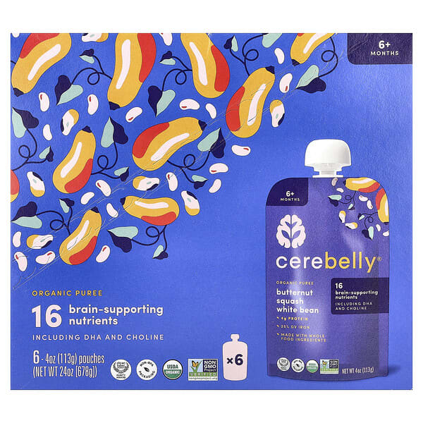 Cerebelly, 유기농 퓨레, 6개월 이상, 버터넛 스쿼시, 흰강낭콩, 파우치 6개, 각 113g(4oz)