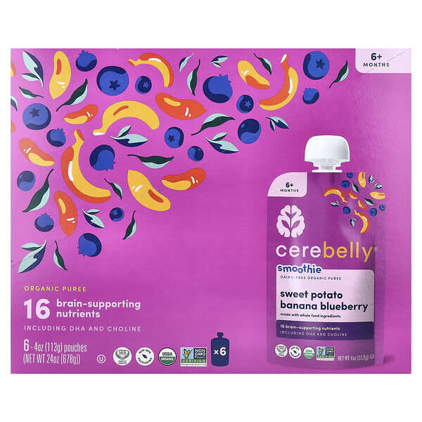 Cerebelly, Smoothie, Dairy-Free Organic Puree, 6+ Months, Sweet Potato, Banana, Blueberry, 6 Pouches