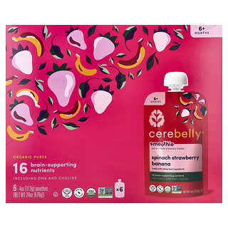Cerebelly, Smoothie, Dairy-Free Organic Puree, 6+ Months, Spinach, Strawberry, Banana, 6 Pouches, 4 oz (113 g) Each