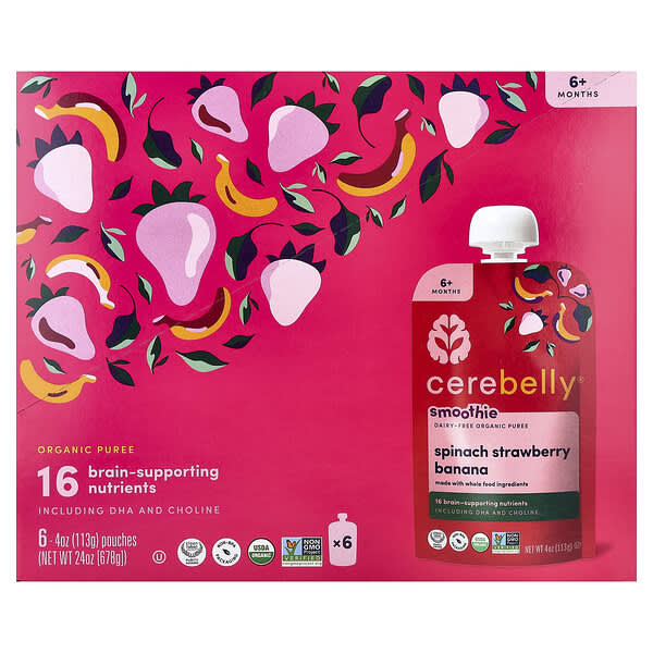 Cerebelly, Smoothie, Dairy-Free Organic Puree, 6+ Months, Spinach, Strawberry, Banana, 6 Pouches, 4 