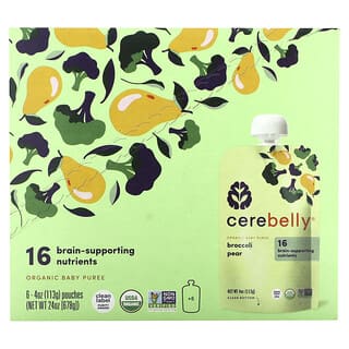 Cerebelly, 유기농 베이비 퓨레, 브로콜리 배, 파우치 6개, 각 113g(4oz)