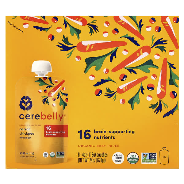 Cerebelly, 有機嬰幼兒果泥，胡蘿卜鷹嘴豆和姜，6 袋，每袋 4 盎司（113 克）