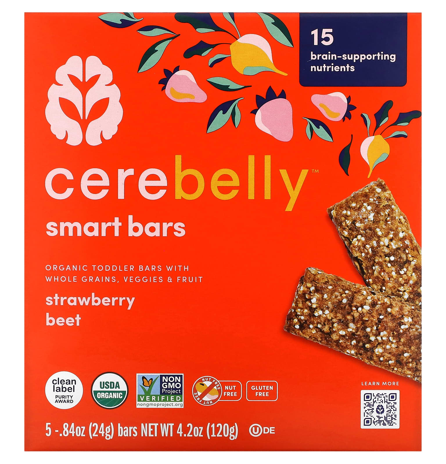 Cerebelly, Smart Bars, Organic Toddler Bars, Strawberry Beet, 5 Bars, 0