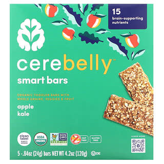 Cerebelly, Smart Bars，有机幼儿零食棒，苹果羽衣甘蓝味，5 根，每根 0.84 盎司（24 克）