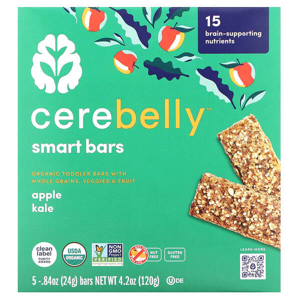 Cerebelly, Smart Bars，有機幼兒零食棒，蘋果羽衣甘藍味，5 根，每根 0.84 盎司（24 克）