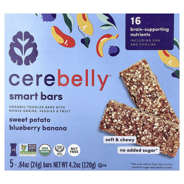 Cerebelly, Smart Bars, 유기농 토들러 바, 고구마 블루베리 바나나, 바 5개, 각 24g(0.84oz)