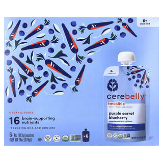 Cerebelly, Smoothie, biologische puree zonder zuivel, 6+ maanden, paarse wortel, bosbes, 6 zakjes, 113 g per stuk