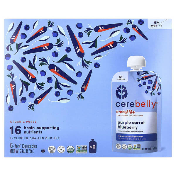 Cerebelly, Smoothie, Dairy-Free Organic Puree, 6+ Months, Purple Carrot, Blueberry, 6 Pouches, 4 oz 