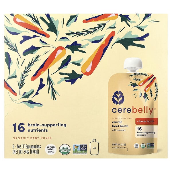 Cerebelly, 유기농 베이비 퓨레, 당근, 소고기 육수, 로즈메리 함유, 파우치 6개, 개당 113g(4oz)