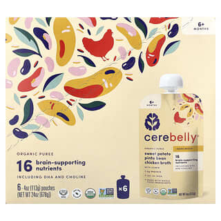 Cerebelly, Organic Puree, 6+ Months, Sweet Potato, Pinto Bean, Chicken Broth with Cumin, 6 Pouches, 4 oz (113 g) Each
