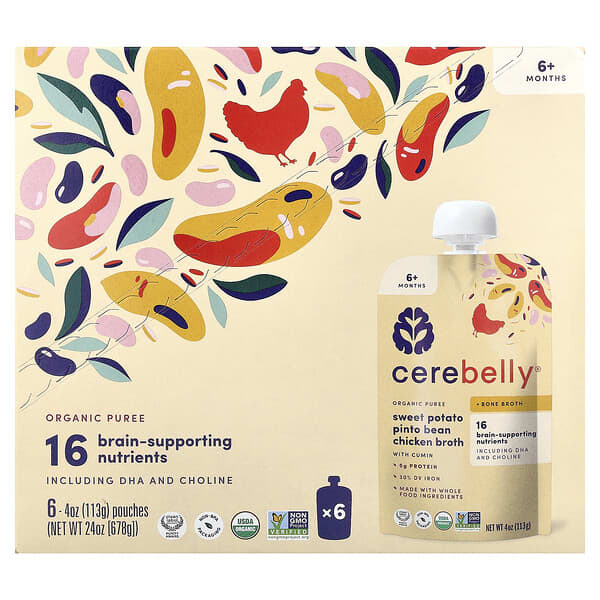 Cerebelly, 유기농 퓨레, 6개월 이상, 고구마, 핀토콩, 커민이 함유된 닭육수, 파우치 6개, 각 113g(4oz)