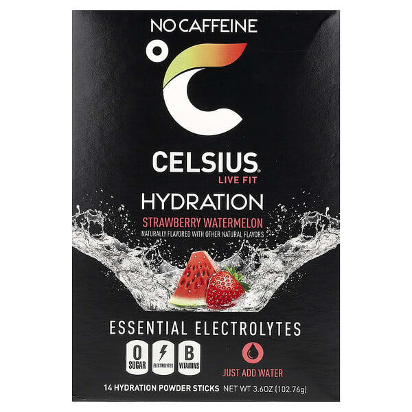 Celsius Live Fit, Hydration, Essential Electrolytes, No Caffeine, Strawberry Watermelon, 14 Hydration Powder Sticks, 0.26 oz (7.28 g) Each