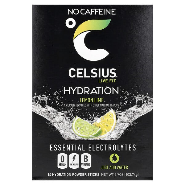 Celsius Live Fit, Hydration, Essential Electrolytes, No Caffeine, Lemon Lime, 14 Hydration Powder Sticks, 0.26 oz (7.41 g) Each