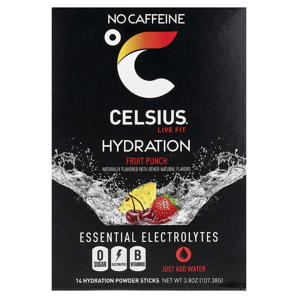 Celsius Live Fit, Hydration, Essential Electrolytes, No Caffeine, Fruit Punch, 14 Hydration Powder Sticks, 0.27 oz (7.76 g) Each