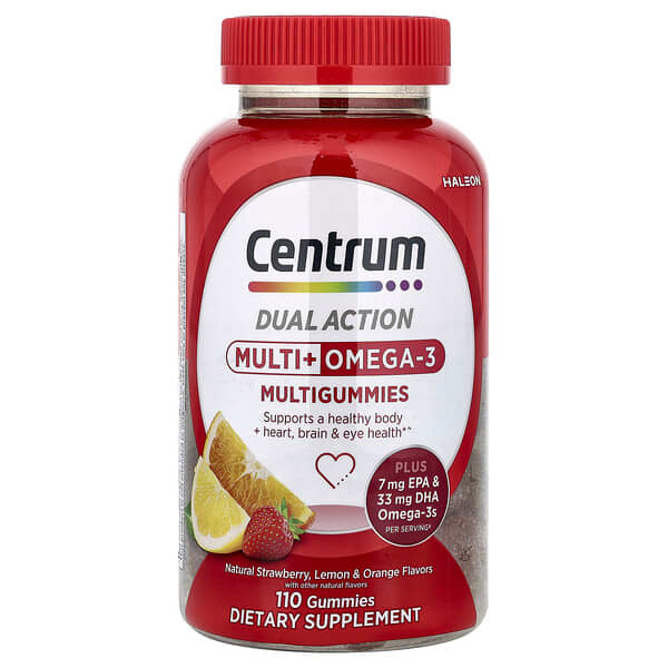 Centrum Multi + Omega-3 Multigummies, Natural Strawberry, Lemon & Orange, 110 Gummies