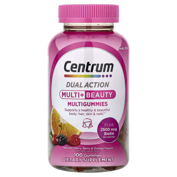 Centrum, 듀얼 액션, 멀티 + 뷰티 멀티 구미젤리, 천연 체리, 베리 & 오렌지, 구미젤리 100개