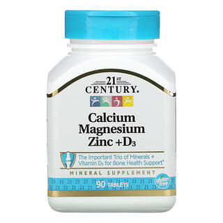21st Century, Calcium Magnésium Zinc + D3, 90 Comprimés