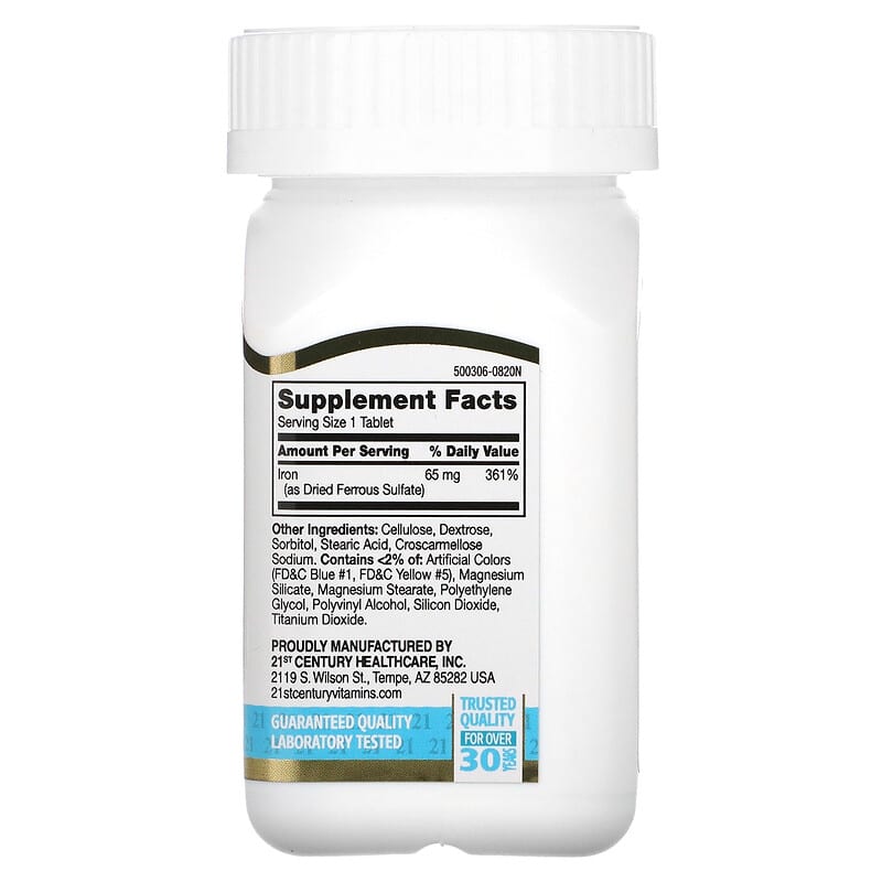  21st Century Hierro 65 mg Sulfato Ferroso 325 mg Tabletas, 120  unidades : Salud y Hogar