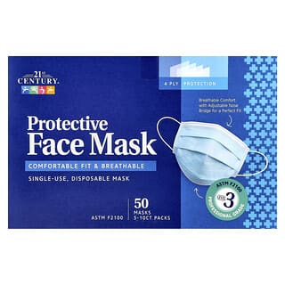 21st Century, Protective Face Mask, Single Use Disposable Masks, 50 Masks, 5-10 ct Packs