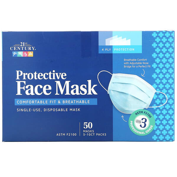 Protective Face Mask, ASTM F2100, Single Use Disposable Masks, 50 Masks, 5-10 ct Packs