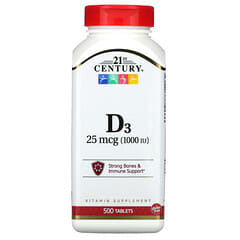 21st Century, Vitamina D3, 25 mcg (1,000 UI), 500 comprimidos