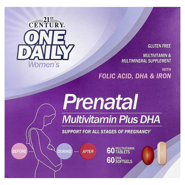 21st Century, Multivitaminas/Minerales Prenatales  + DHA, 2 Botellas, 60 Cápsulas / 60 Cápsulas Gelificadas
