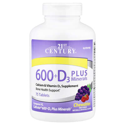 21st Century, 600 + D3 Plus Minerals, Mixed Fruit Flavor, 75 Tablets