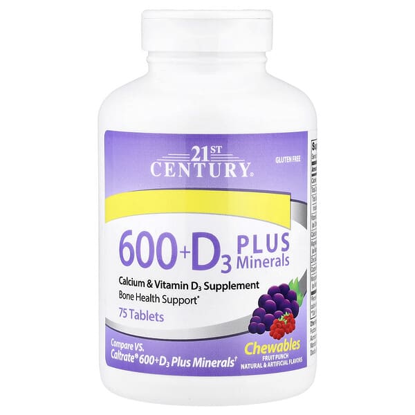 21st Century, 600 + D3, Plus minéraux, Punch aux fruits, 75 comprimés