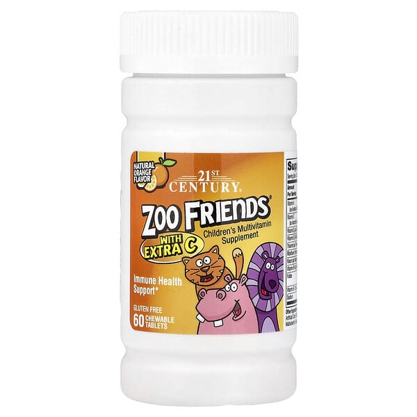 21st Century, Zoo Friends®, із додатковим вмістом вітаміну C, натуральний апельсин, 60 жувальних таблеток