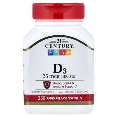 21st Century, Vitamin D3, 25 mcg (1000 IU), 250 Immediate-Release Softgels