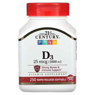 21st Century, Vitamin D3, 25 mcg (1,000 IU), 250 Rapid Release Softgels