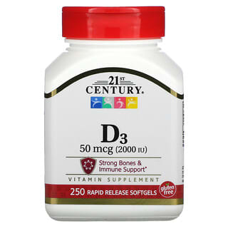 21st Century, Vitamine D3, 50 µg (2000 UI), 250 capsules à enveloppe molle