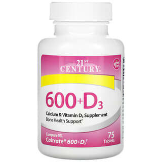 21st Century, 600 + D3, Suplemento de Cálcio e Vitamina D3, 75 Comprimidos