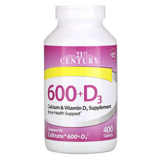 21st Century, 600 + D3, Suplemento de Cálcio e Vitamina D3, 400 Comprimidos