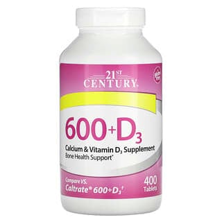 21st Century, 600 + D3, Suplemento de Cálcio e Vitamina D3, 400 Comprimidos
