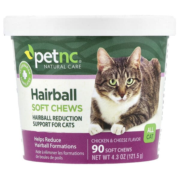 petnc NATURAL CARE, 化毛球軟咀嚼片，適合各種貓，雞肉和芝士，90 片軟咀嚼片，4.3 盎司（121.5 克）
