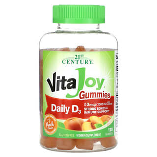 21st Century, VitaJoy, жевательные таблетки, витамин D3 для ежедневного приема, персик, 2000 МЕ, 120 жевательных таблеток (25 мкг (1000 МЕ) в 1 жевательной таблетке)