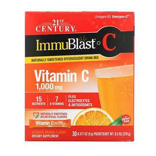 21st Century, ImmuBlast-C, Mezcla efervescente para preparar bebidas, Naranja superior, 1000 mg, 30 sobres, 9 g (0,317 oz) cada uno
