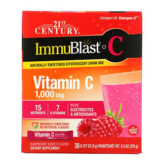 21st Century, ImmuBlast-C, Vitamina C, Mezcla para bebidas efervescentes, Explosión de frambuesa, 1000 mg, 30 sobres, 9 g (0,317 oz) cada uno