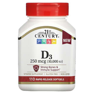 21st Century, Vitamina D3, 250 mcg (10.000 UI), 110 cápsulas blandas de liberación rápida