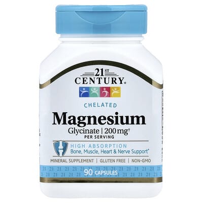 21st Century, Magnesium Glycinate, Chelated, 200 mg, 90 Capsules (100 mg per capsule)