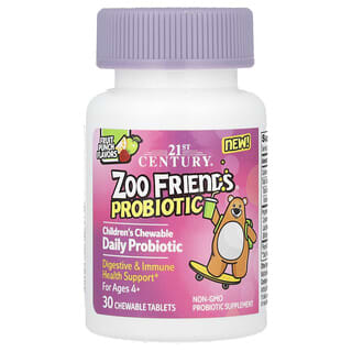21st Century, Zoo Friends, probiotico masticabile per bambini, dai 4 anni in su, punch alla frutta, 30 compresse masticabili