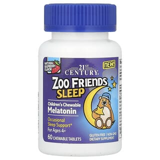 21st Century, Zoo Friends Sleep, melatonina do żucia dla dzieci, od 4. roku życia, malina, 60 tabletek do żucia