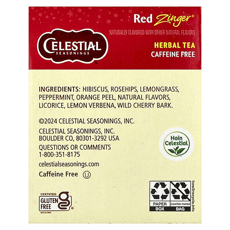 Herbal Tea, Red Zinger®, Caffeine Free, 20 Tea Bags, 1.7 oz (49 g)