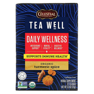 Celestial Seasonings, Herbal Tea, Daily Wellness, органическая куркума, без кофеина, 12 чайных пакетиков по 2,2 г (0,07 унции)