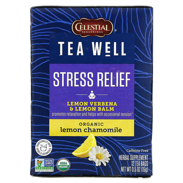 Celestial Seasonings, Stress Relief, Lemon Verbena & Lemon Balm, Organic Lemon Chamomile, Caffeine Free, 12 Tea Bags, 0.06 oz (1.2 g) Each