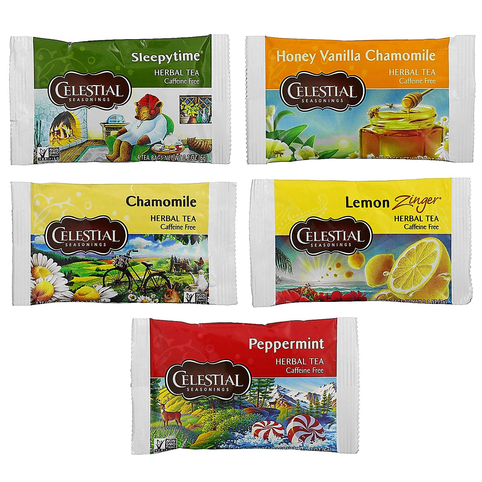 Celestial Seasonings, Herbal Tea Sampler, Caffeine Free, 5 Flavors, 18