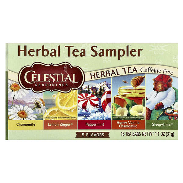 Celestial Seasonings Herbal Tea Sampler, 5 Flavors, Caffeine Free, 18 Tea Bags, 1.1 oz (31 g)
