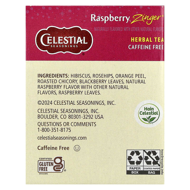 Herbal Tea, Raspberry Zinger®, Caffeine Free, 20 Tea Bags, 1.6 oz